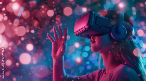 Young woman using a virtual reality headset against the bokeh background