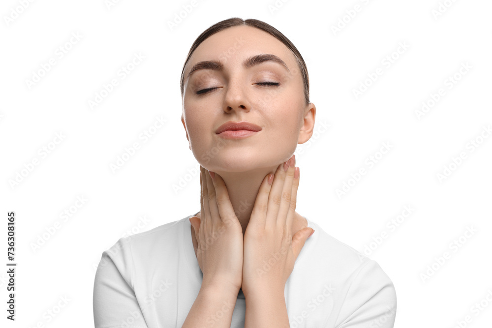 Beautiful woman touching her neck on white background Beautiful woman touching her neck on white background