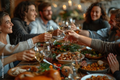 A diverse group of individuals gather around a beautifully set table, sipping wine and enjoying a delicious meal together at a sophisticated indoor banquet