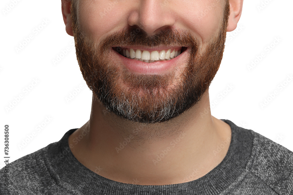Obraz premium Smiling man with healthy clean teeth on white background, closeup