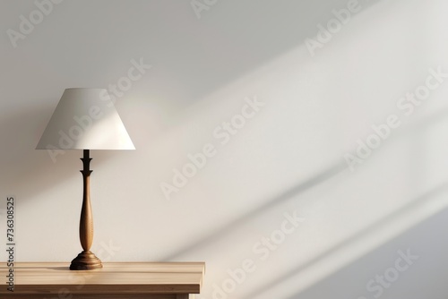 Table lamp on blank space with white wall backdrop photo