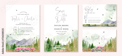 wedding invitation beautiful mountain and trees watercolor landscape