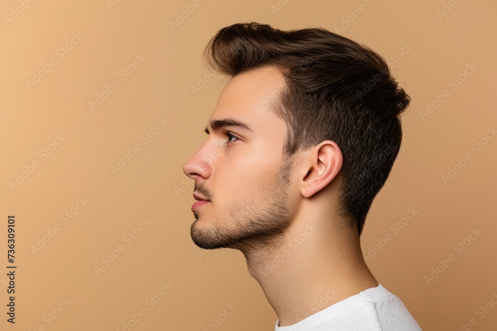 Profile photo of confident young handsome man with stubble on beige background Profile photo of confident young handsome man with stubble on beige background