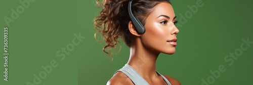 Young sporty woman in sportswear with wireless headset over pastel background, copy space