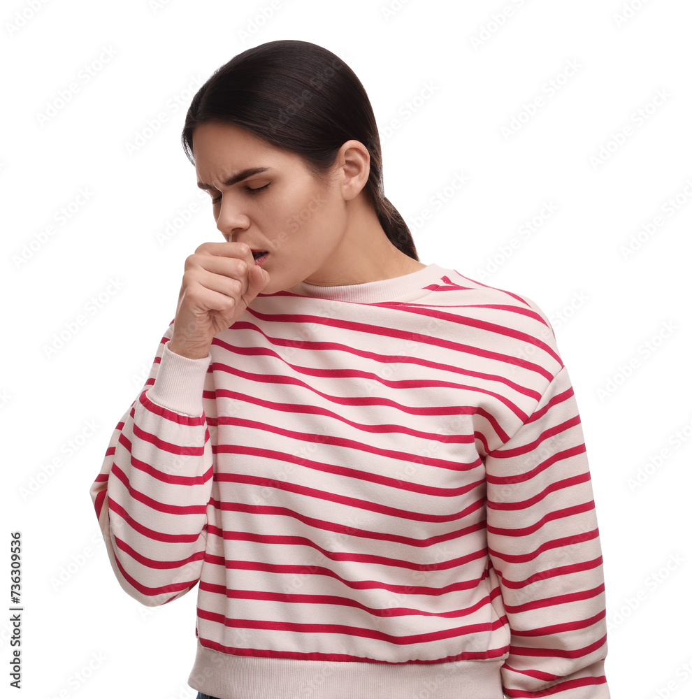 Woman coughing on white background. Cold symptoms Woman coughing on white background. Cold symptoms