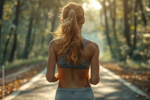 A determined woman gracefully runs down a tree-lined road, her long hair flowing in the wind as she stands tall, basking in the warmth of the sun during a photo shoot