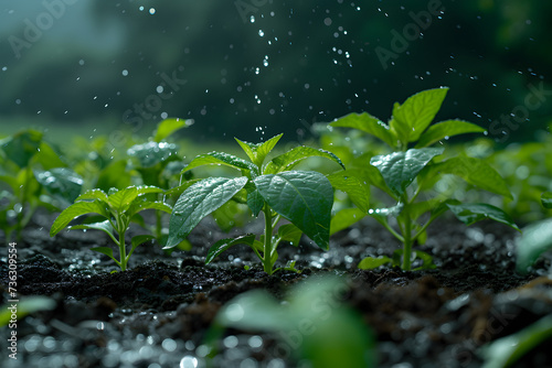 Sprinkle water on a field plant in sustainable agriculture.