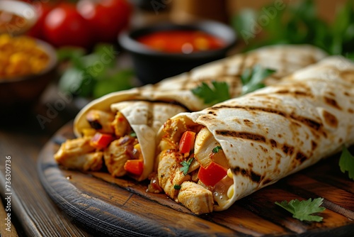 Authentic Mexican cuisine with freshly made chicken and vegetable-filled tortilla fajita wraps.