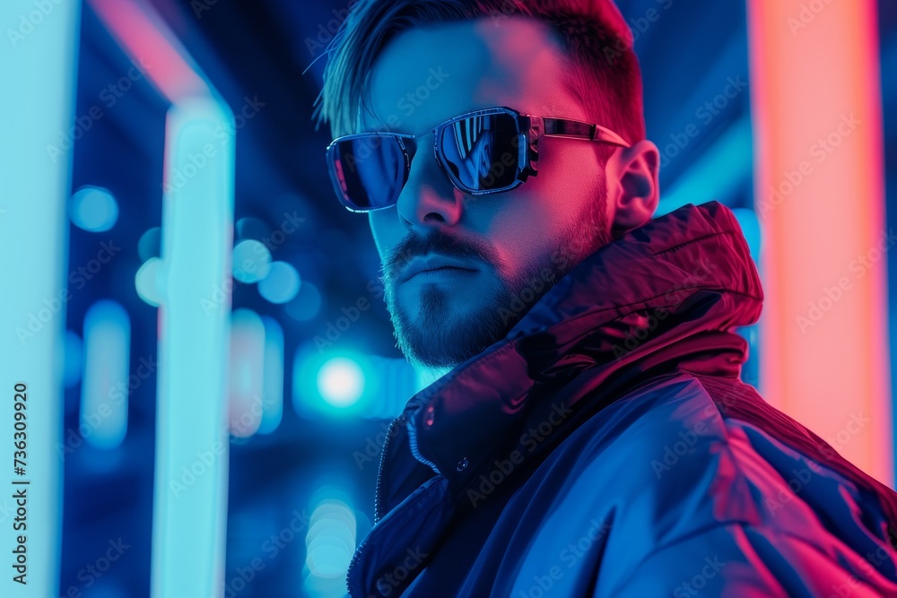 Stylish guy in futuristic attire with LED neon light depicted in a cyberpunk portrait during a cool night