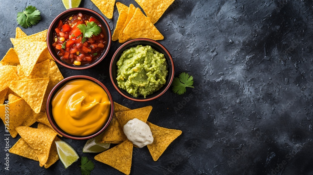 Savory yellow tortilla chips topped with a variety of dips like avocado spread, melted queso, and creamy white sauce, set against a dark backdrop to capture the essence of Mexican cuisine.