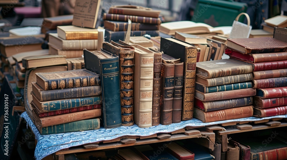 Fototapeta premium Vintage literature at a Parisian bazaar.