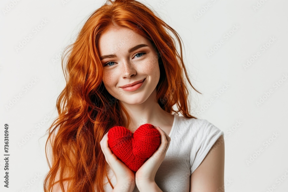 Valentine s Day Young woman holding hearts isolated portrait with red hair and a smile on a white background Valentine s Day Young woman holding hearts isolated portrait with red hair and a smile on a white background