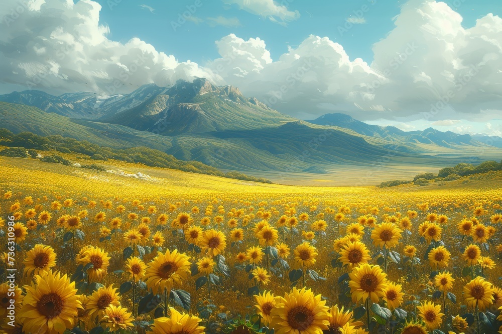 A golden sea of sunflowers stretches towards the majestic mountains, under a sky of billowy clouds, in this breathtaking outdoor landscape