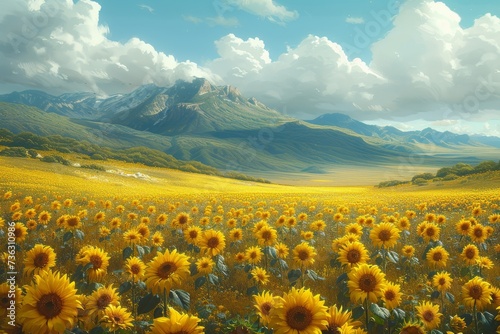 A golden sea of sunflowers stretches towards the majestic mountains, under a sky of billowy clouds, in this breathtaking outdoor landscape