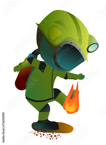 fireman caught fire. Extreme dangerous situation. Lifeguard service. Object isolated on white background. Cartoon fun style Illustration vector