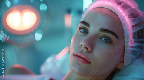 Young Woman with Glowing Neon Lights During Cosmetic Therapy