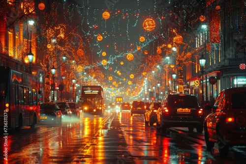 A bustling city street at night, illuminated by street lights and cars, with the gentle sound of rain creating a mesmerizing symphony of movement and light