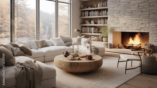 A light-filled living room with a touch of hygge  featuring comfortable seating  soft lighting  and natural textures for a cozy and inviting atmosphere