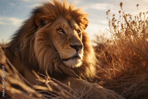 Majestic Lion Basking in Golden Hour © spyrakot