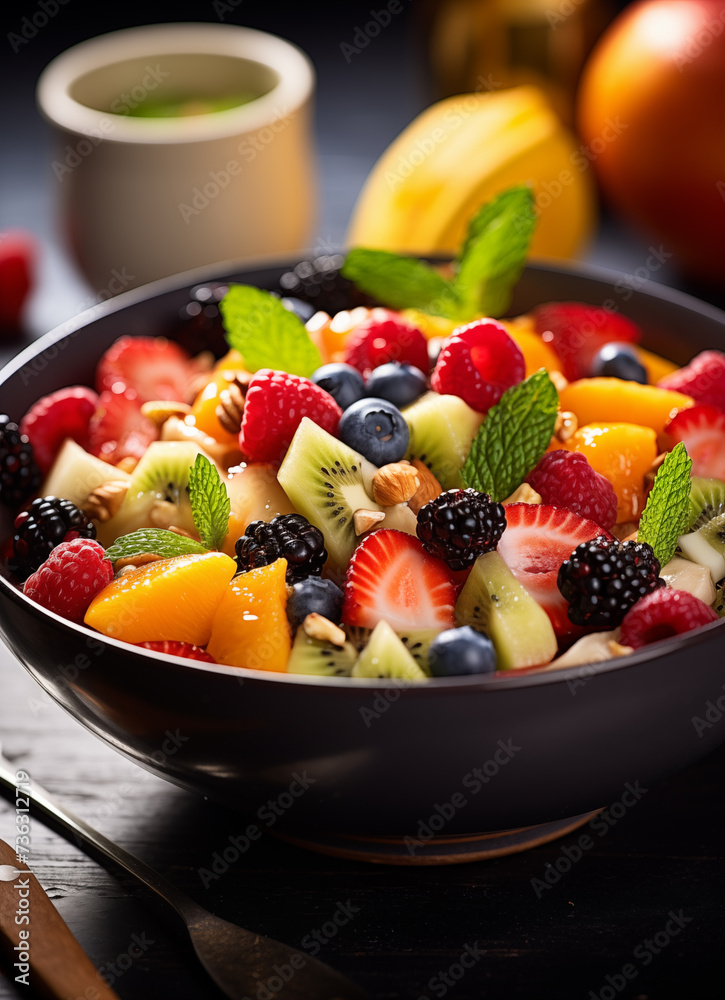 fruit salad with fruit and cup of green tea in the background 