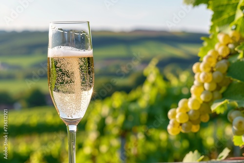 Experience the sampling of top-quality effervescent white wine from the finest vineyards in France, surrounded by lush pinot noir and meunier grapes. photo