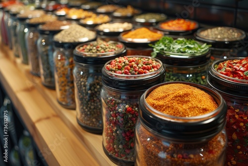 A bountiful display of preserved food and spices fills the indoor shelf, showcasing an array of mason jars brimming with a diverse assortment of condiments and seasonings photo
