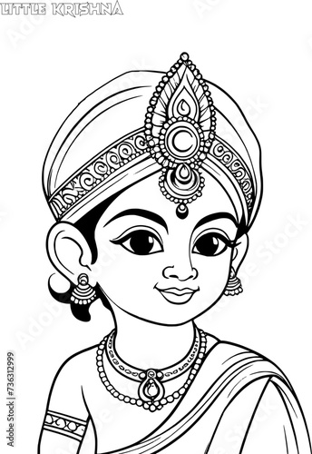 Little Krishna coloring page line drawing vector design, Outline baby Krishna Hindu god