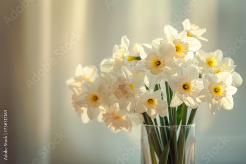 White daffodils in a vase on a table sunlight Narcissus flowers close up with petal texture Background copy space top view