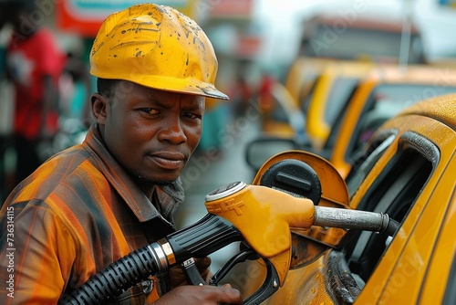 A blue-collar worker wearing a high-visibility orange workwear and a hard hat stands confidently on the street, holding a gas pump as he embodies the determination and resilience of an outdoor firefi photo