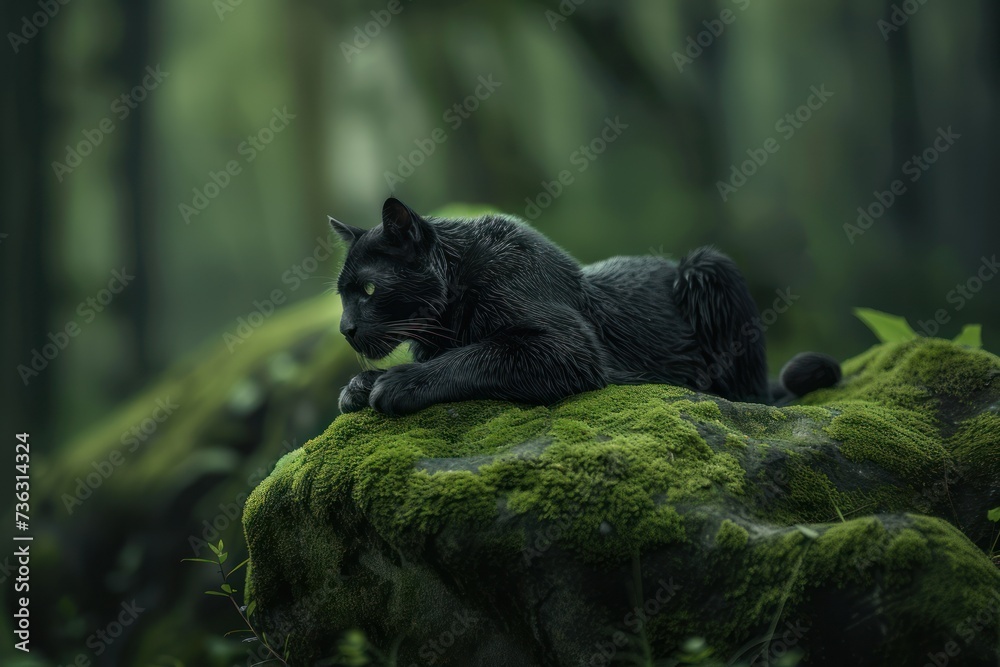 Obraz premium Shoot of Black panther resting majestically on a moss covered rock