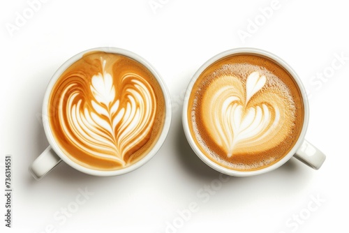 Top view of two heart shaped latte art coffees isolated on white