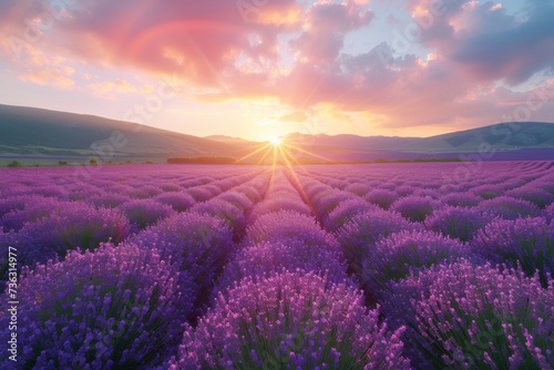 As the sun sinks below the horizon  a sea of purple lavender dances in the golden light  casting a peaceful spell over the vast landscape of rolling hills and majestic mountains
