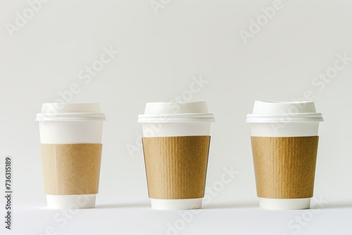Various to go coffee cups on white backdrop photo