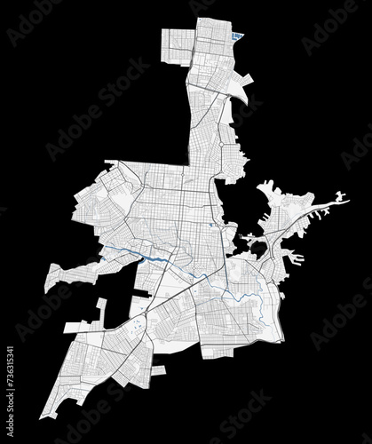 Salta map, city in Argentina. Municipal administrative area map with rivers and roads, parks and railways.