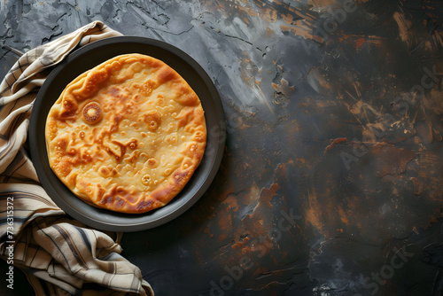 Puran Poli (Bobbatlu) on the plate on the wooden table. Flat lay. Gudi Padva. Ugadi festival in India. Martahi new year recipe concept. photo