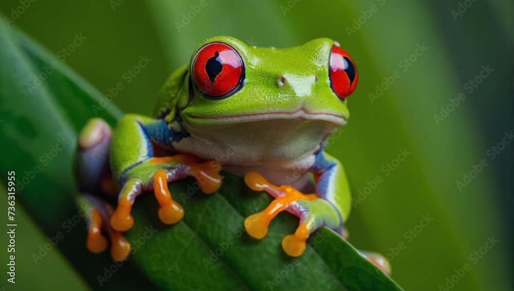 Fototapeta premium A red-eyed tree frog sits on a green leaf, close-up. generative AI