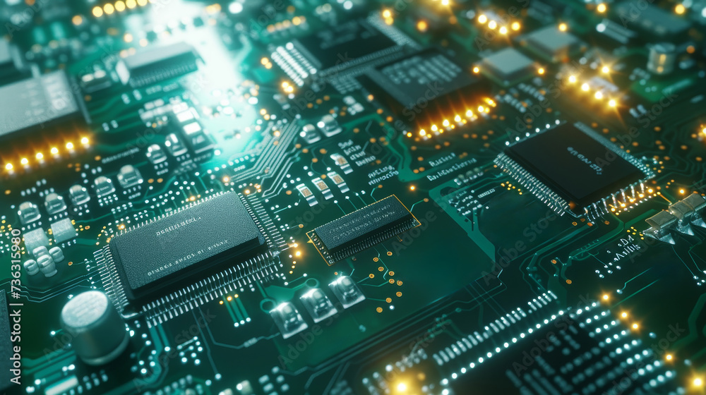 Close-up of an illuminated green circuit board with microchips and glowing connections. Close-up of an illuminated green circuit board with microchips and glowing connections.