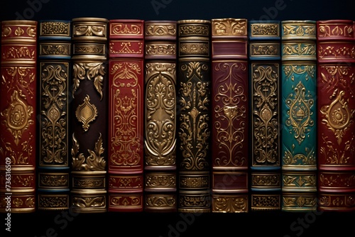 a row of books with gold and red and blue designs