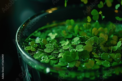 A close-up of a pint of Guinness overflowing with tiny green clover confetti hearts.