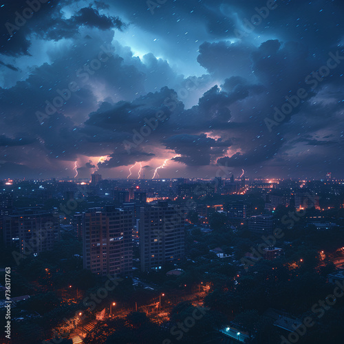 photo of a city experiencing a thunderstorm with a scary and dark background