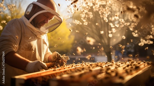 The beekeeper works at the apiary. A beekeeper in a protective suit works with a beehive. The concept of beekeeping. Eco-friendly products.