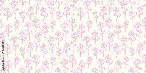 Cute floral daisy backgorund, seamless vector pattern with flowers, pastel pink spring wallpaper design