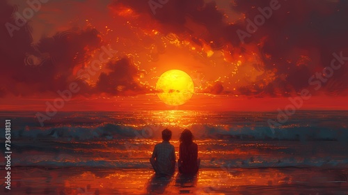 A couple sitting on the beach, gazing out at the sunset with expressions of awe © coco