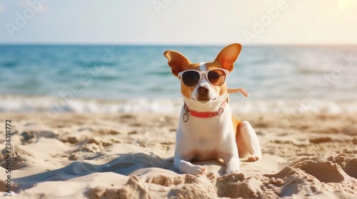 A relaxed Jack Russell terrier dons stylish sunglasses, enjoying the warm, sandy shores with the serene ocean backdrop © olz