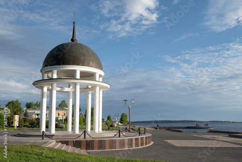 Arbor-rotunda on the embankment of Onega lake  on a sunny June morning, Petrozavodsk photo