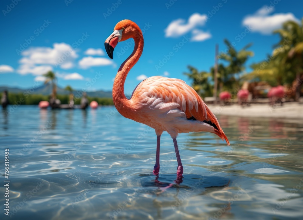 Fototapeta premium Pink flamingo standing in the water on a beautiful tropical beach.