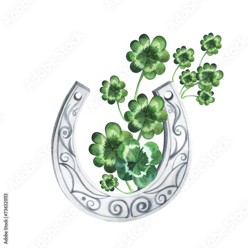 Fototapeta Naklejka Na Ścianę i Meble -  Illustration of hand drawn watercolor horseshoe with clover. Symbols of Ireland and luck. St. Patricks day, lucky charms.