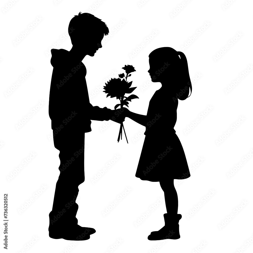 
little boy giving flower to little girl in silhouette
