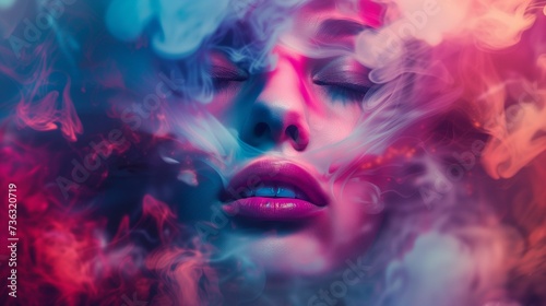 Female face in smoke with colorful neon light, smoky background with a woman