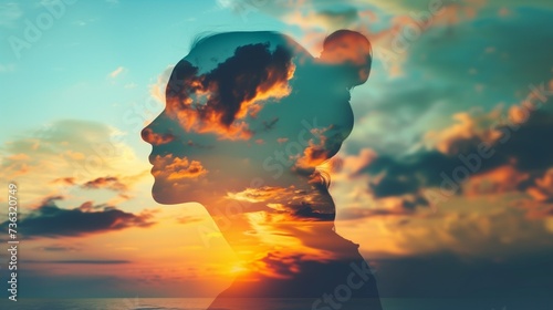 Silhouette of a woman s head against the background of clouds and sunset
